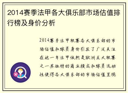 2014赛季法甲各大俱乐部市场估值排行榜及身价分析