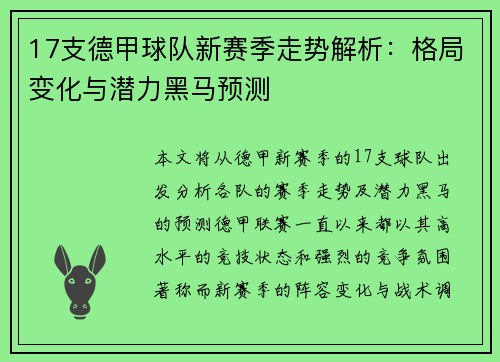 17支德甲球队新赛季走势解析：格局变化与潜力黑马预测
