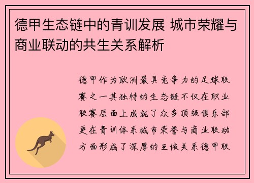 德甲生态链中的青训发展 城市荣耀与商业联动的共生关系解析