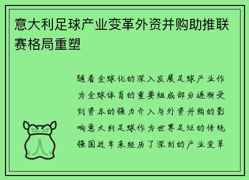 意大利足球产业变革外资并购助推联赛格局重塑