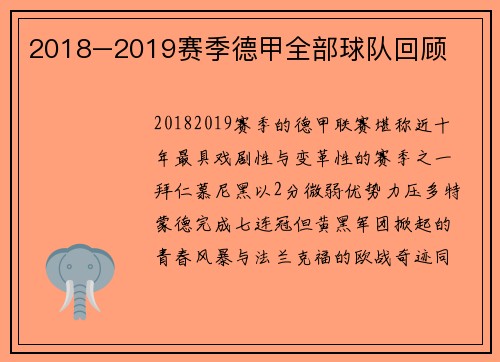 2018–2019赛季德甲全部球队回顾