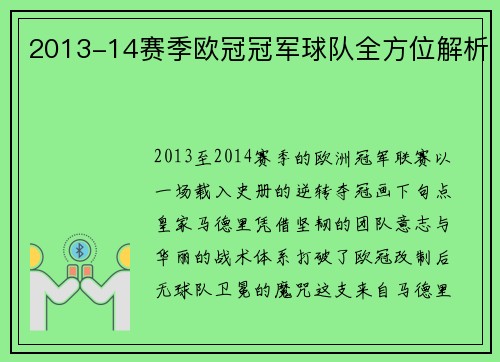 2013-14赛季欧冠冠军球队全方位解析