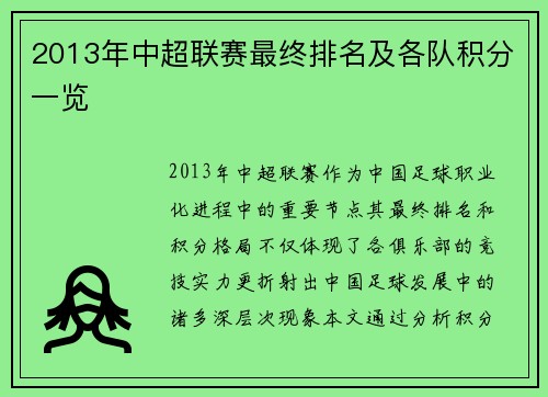 2013年中超联赛最终排名及各队积分一览