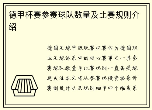 德甲杯赛参赛球队数量及比赛规则介绍