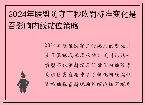 2024年联盟防守三秒吹罚标准变化是否影响内线站位策略