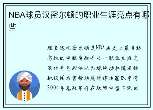 NBA球员汉密尔顿的职业生涯亮点有哪些